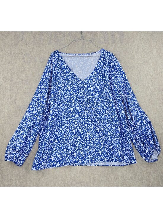 No visible brand detected. Tops - Blue Womens Plus Size Long Sleeve V-Neck Floral Blouse 5XL 100% Polyester